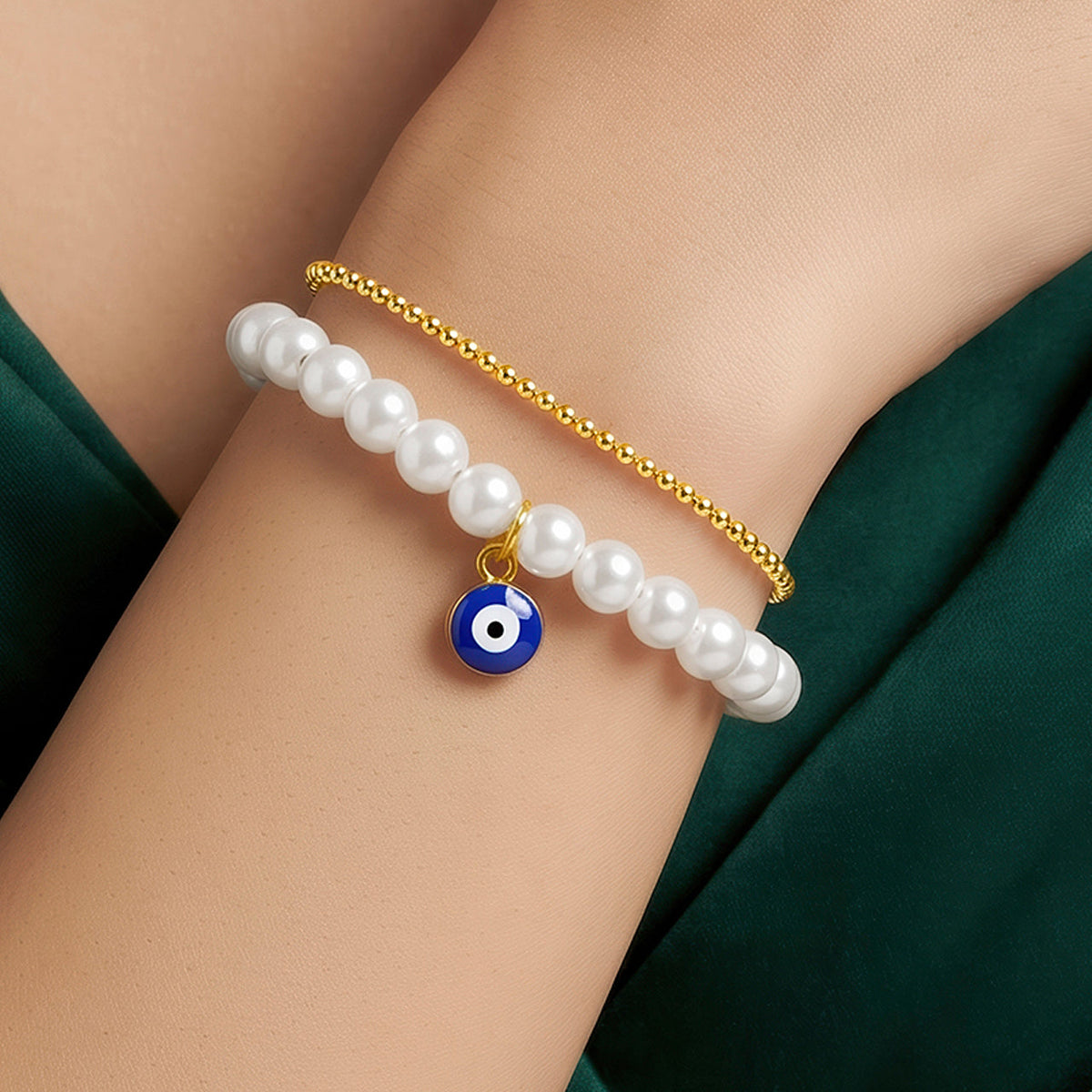 Desihi Bracelet Anti-Tarnish Pearl Evil Eye Set (Adjustable Size)