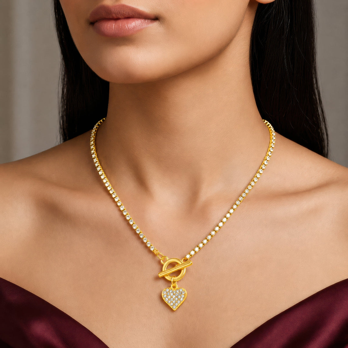 Desihi Necklace Anti-Tarnish Gold Plated Heart Charm with T-Lock