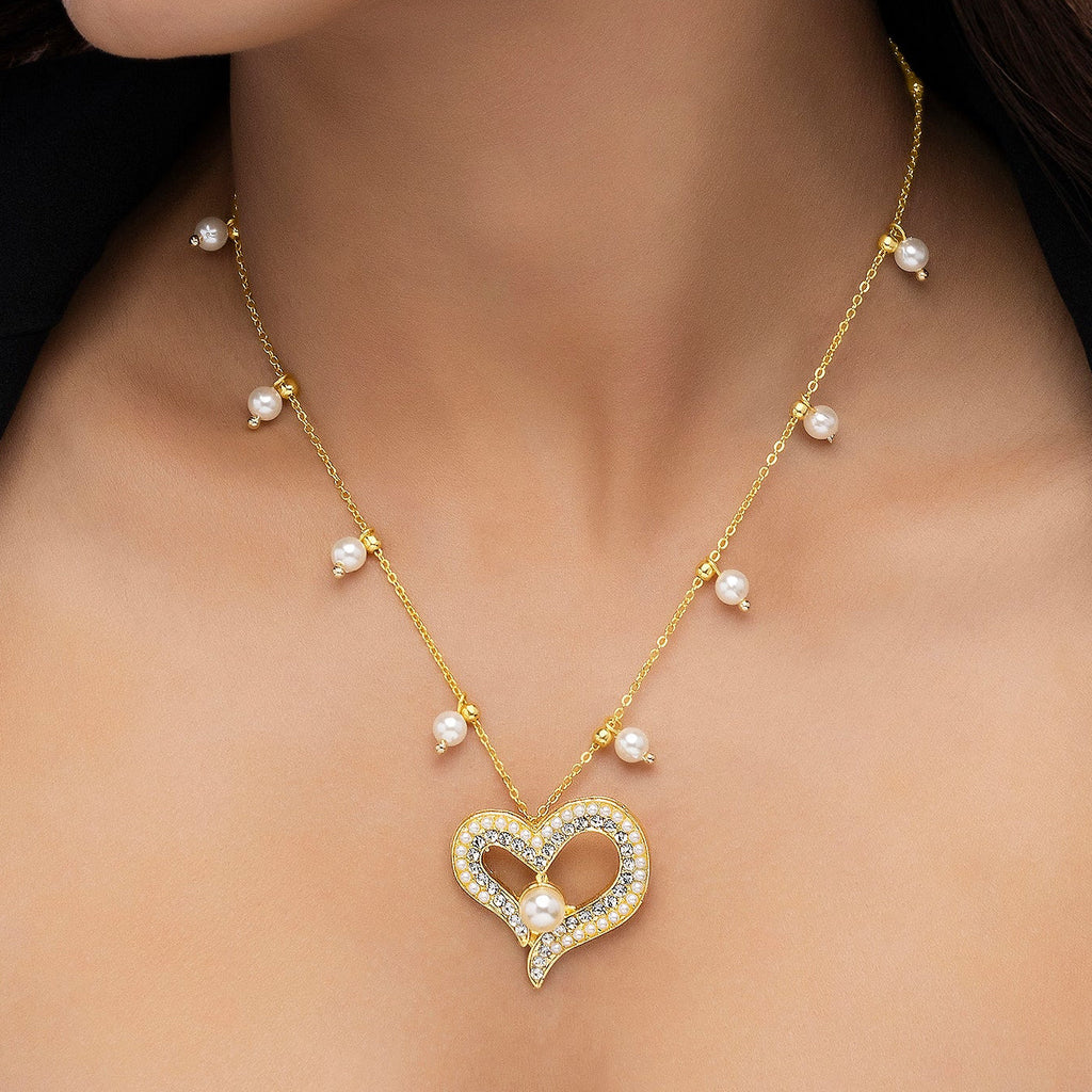 Desihi Necklace Anti-Tarnish Gold Plated Crystal Studded Heart With Pearls