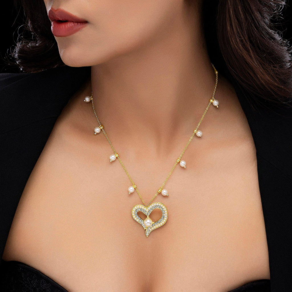 Desihi Necklace Anti-Tarnish Gold Plated Crystal Studded Heart With Pearls
