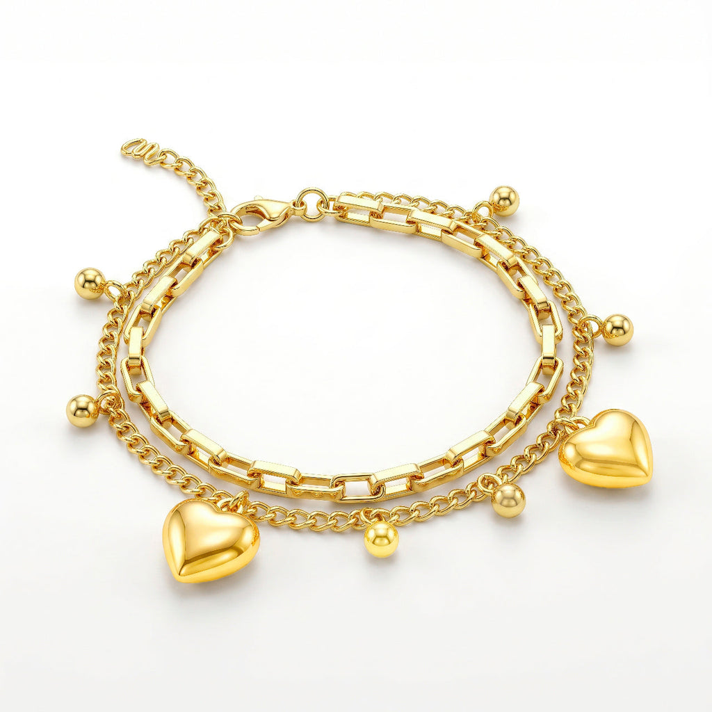 Desihi Bracelet Anti-Tarnish Gold Plated Layered Heart Charms (Adjustable Size)