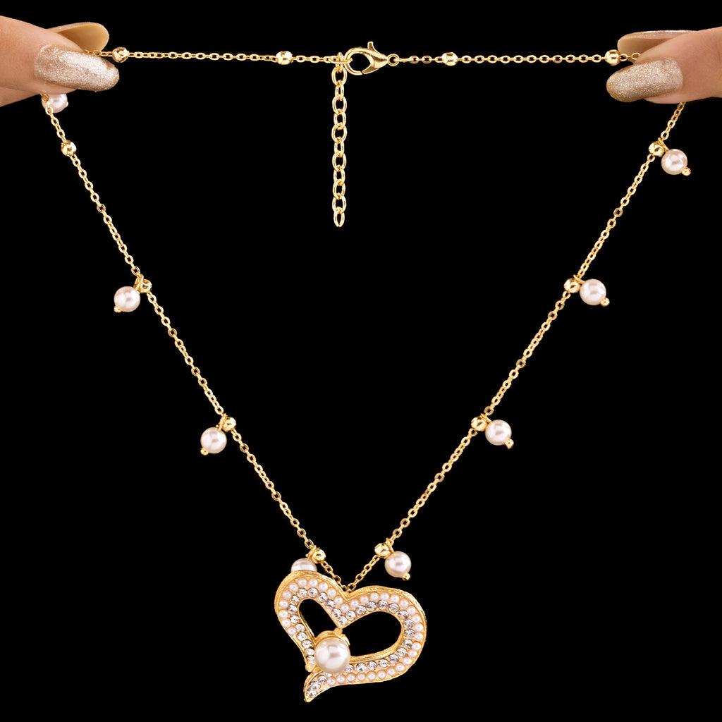 Desihi Necklace Anti-Tarnish Gold Plated Crystal Studded Heart With Pearls
