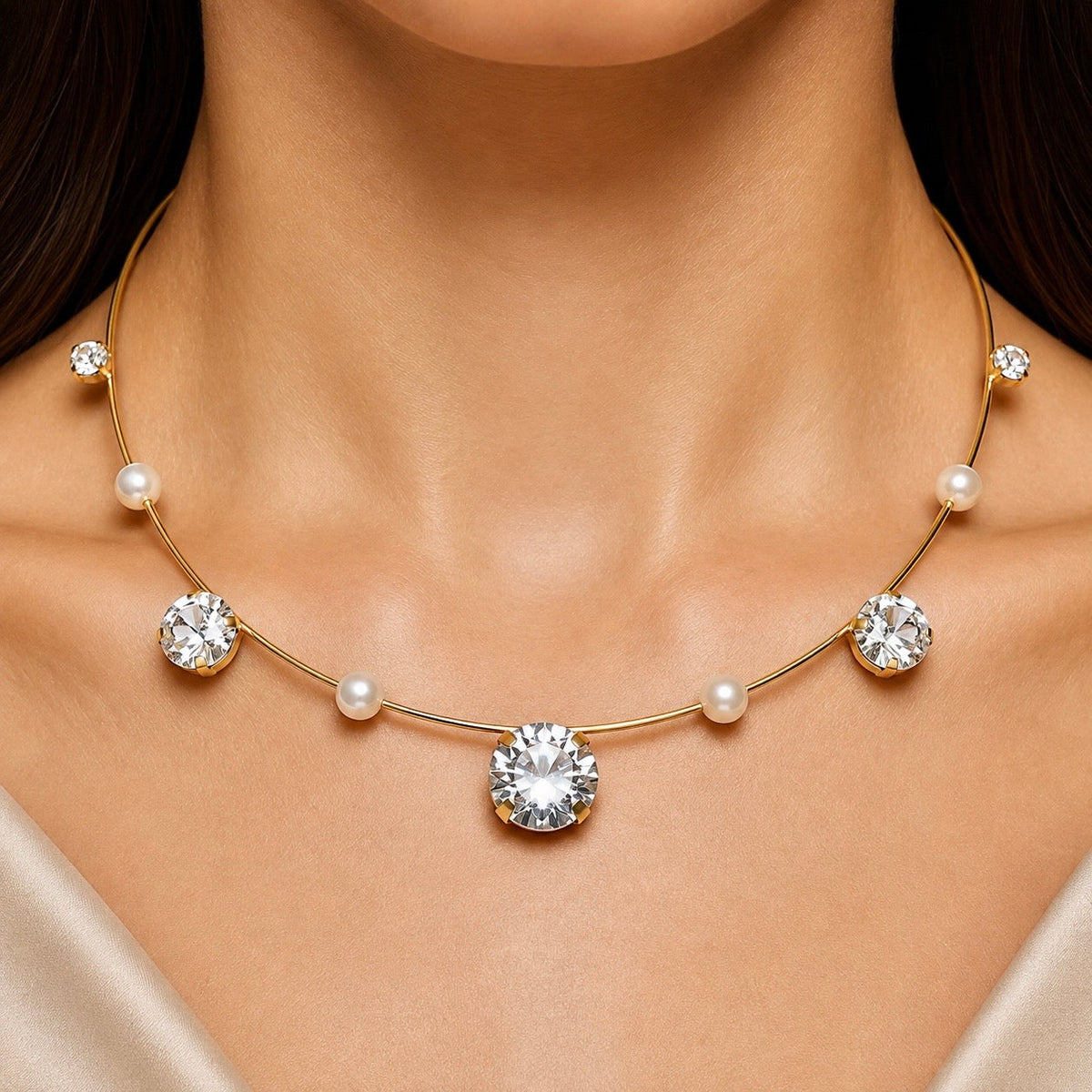 Desihi Necklace Anti-Tarnish Pearl Crystal Collar