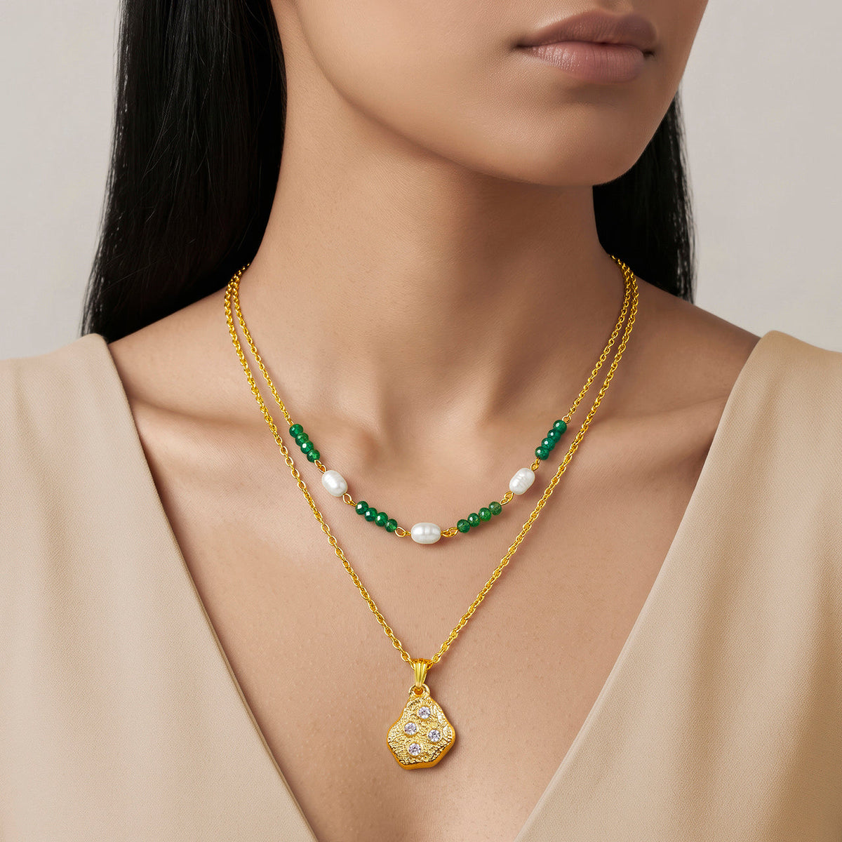 Desihi Necklace Anti-Tarnish Green Pearl Crystal