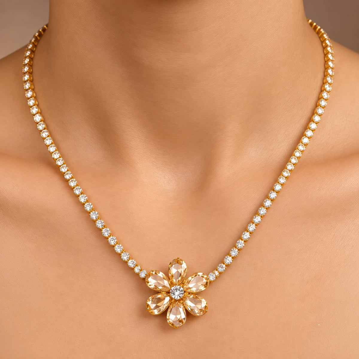 Desihi Necklace Anti-Tarnish Gold Plated Flower Crystal