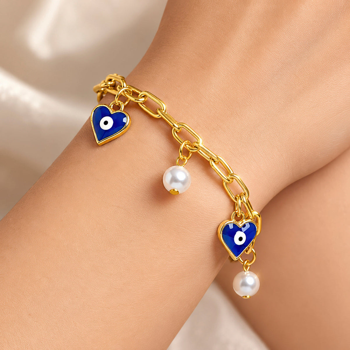 Desihi Bracelet Anti-Tarnish Evil Eye Pearl Chain (Adjustable Size)