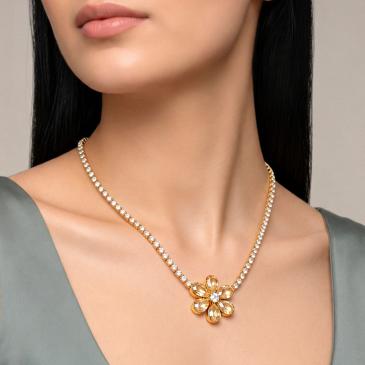 Desihi Necklace Anti-Tarnish Gold Plated Flower Crystal