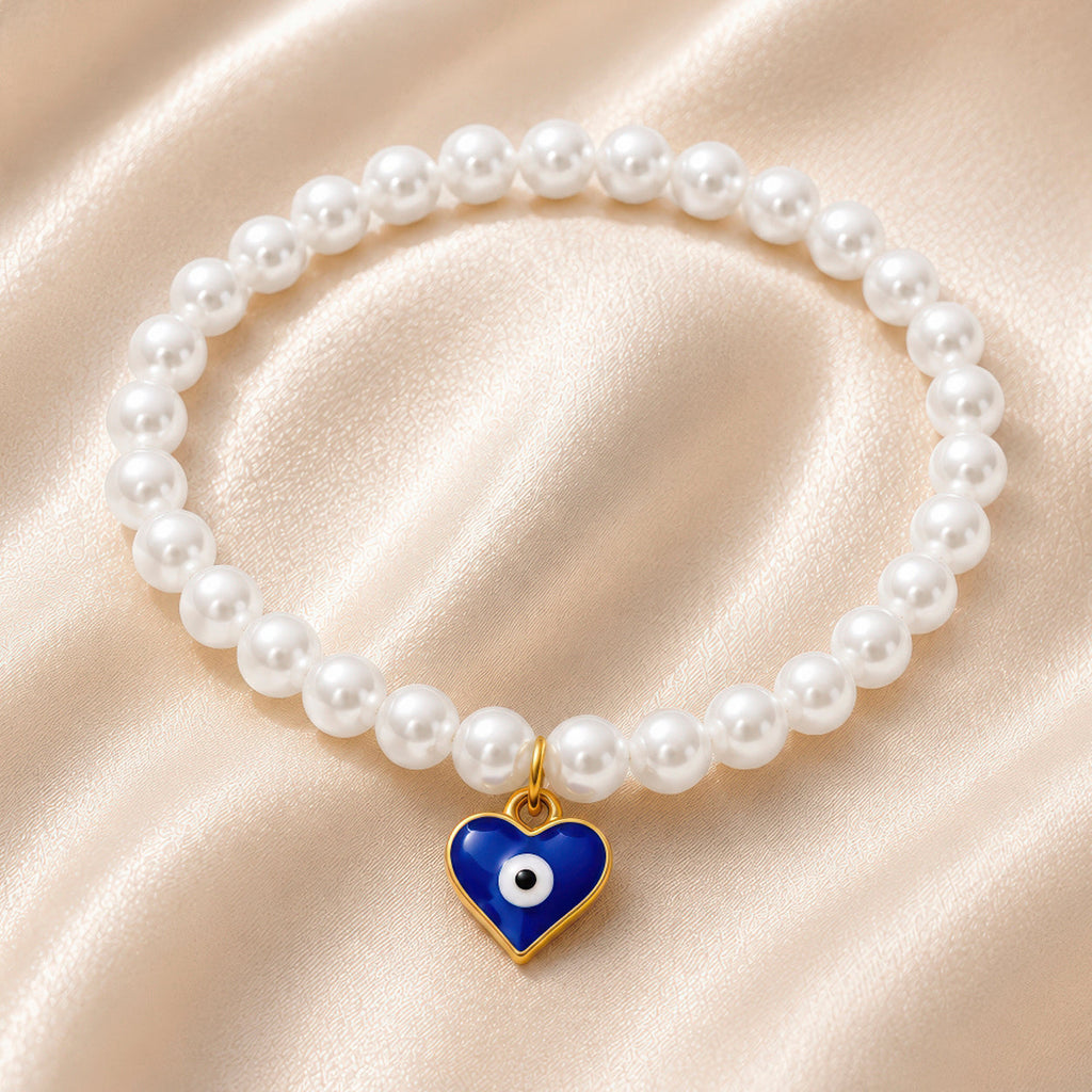 Desihi Bracelet Stretchable Pearls With Evil Eye Heart (Adjustable Size)