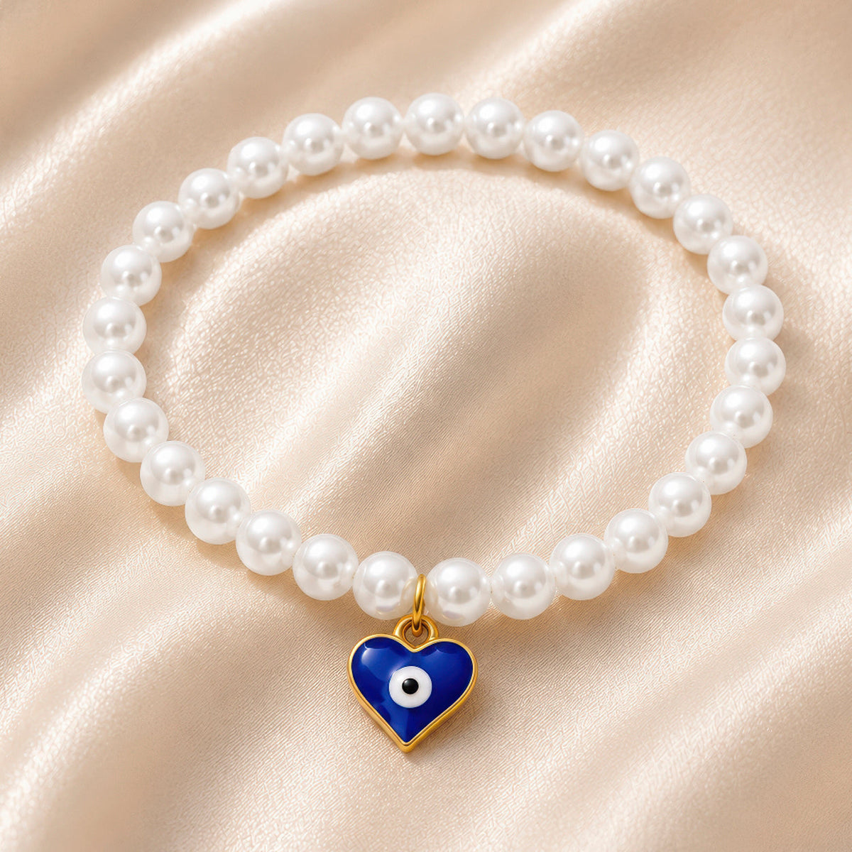 Desihi Bracelet Stretchable Pearls With Evil Eye Heart (Adjustable Size)