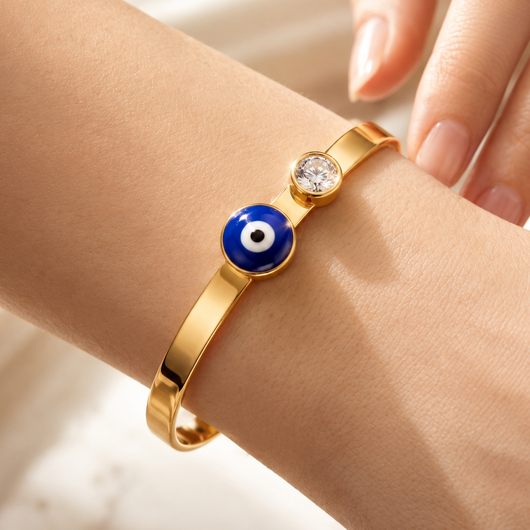 Desihi Bracelet Anti-Tarnish Gold Plated Evil Eye Bangle (Adjustable Size)