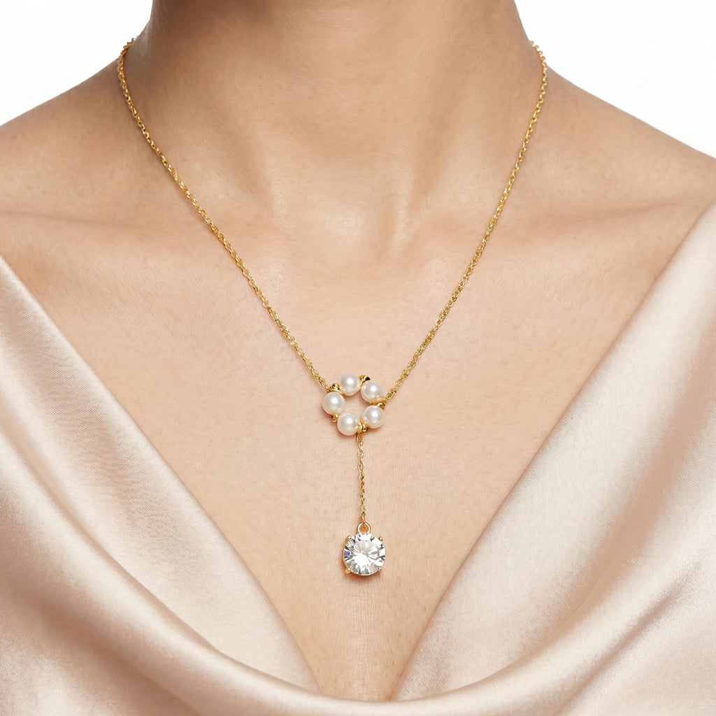 Desihi Necklace Anti-Tarnish Floral Pearl Cluster Crystal Drop