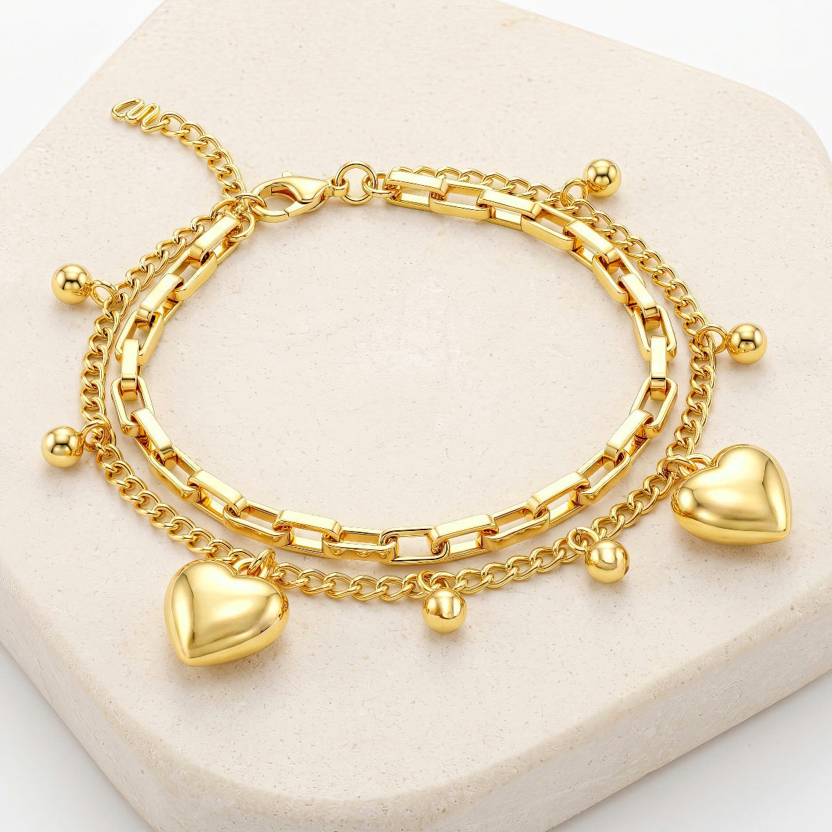 Desihi Bracelet Anti-Tarnish Gold Plated Layered Heart Charms (Adjustable Size)