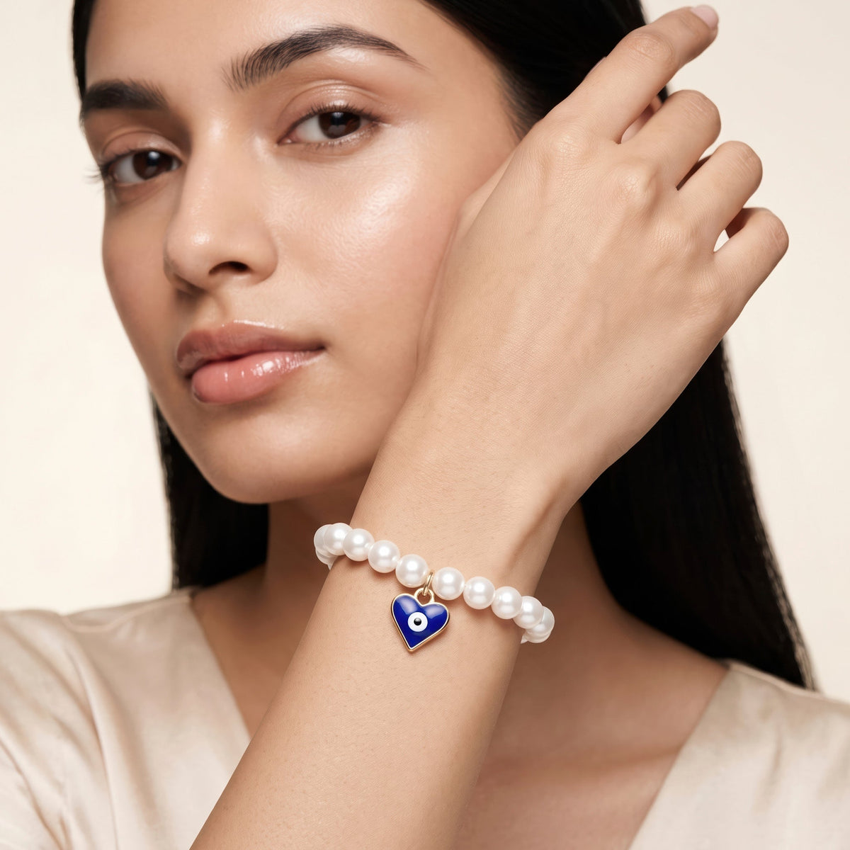 Desihi Bracelet Stretchable Pearls With Evil Eye Heart (Adjustable Size)