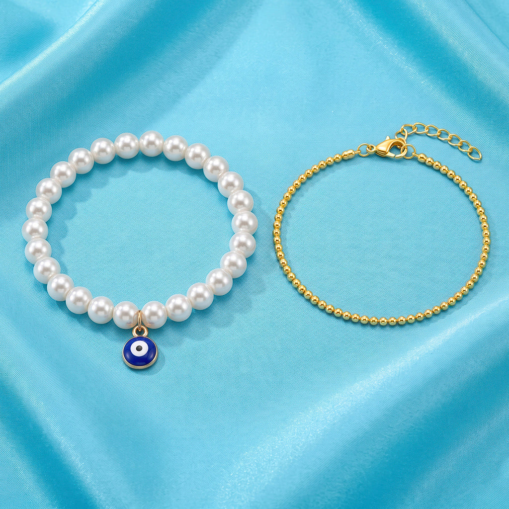Desihi Bracelet Anti-Tarnish Pearl Evil Eye Set (Adjustable Size)