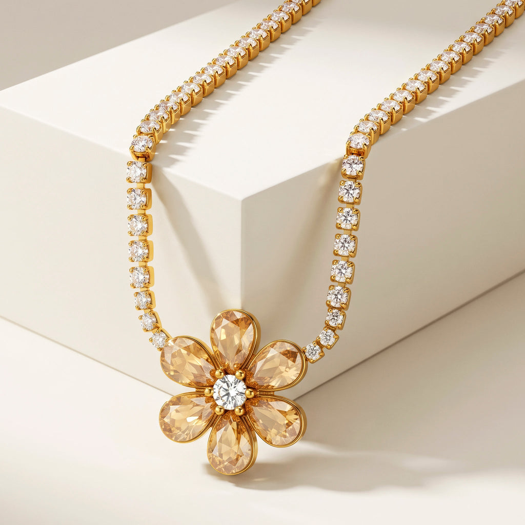 Desihi Necklace Anti-Tarnish Gold Plated Flower Crystal