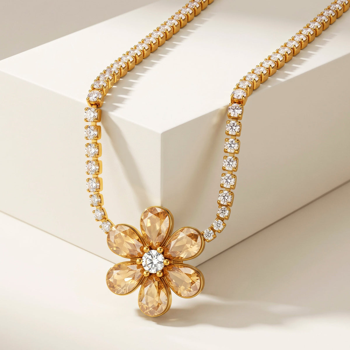 Desihi Necklace Anti-Tarnish Gold Plated Flower Crystal