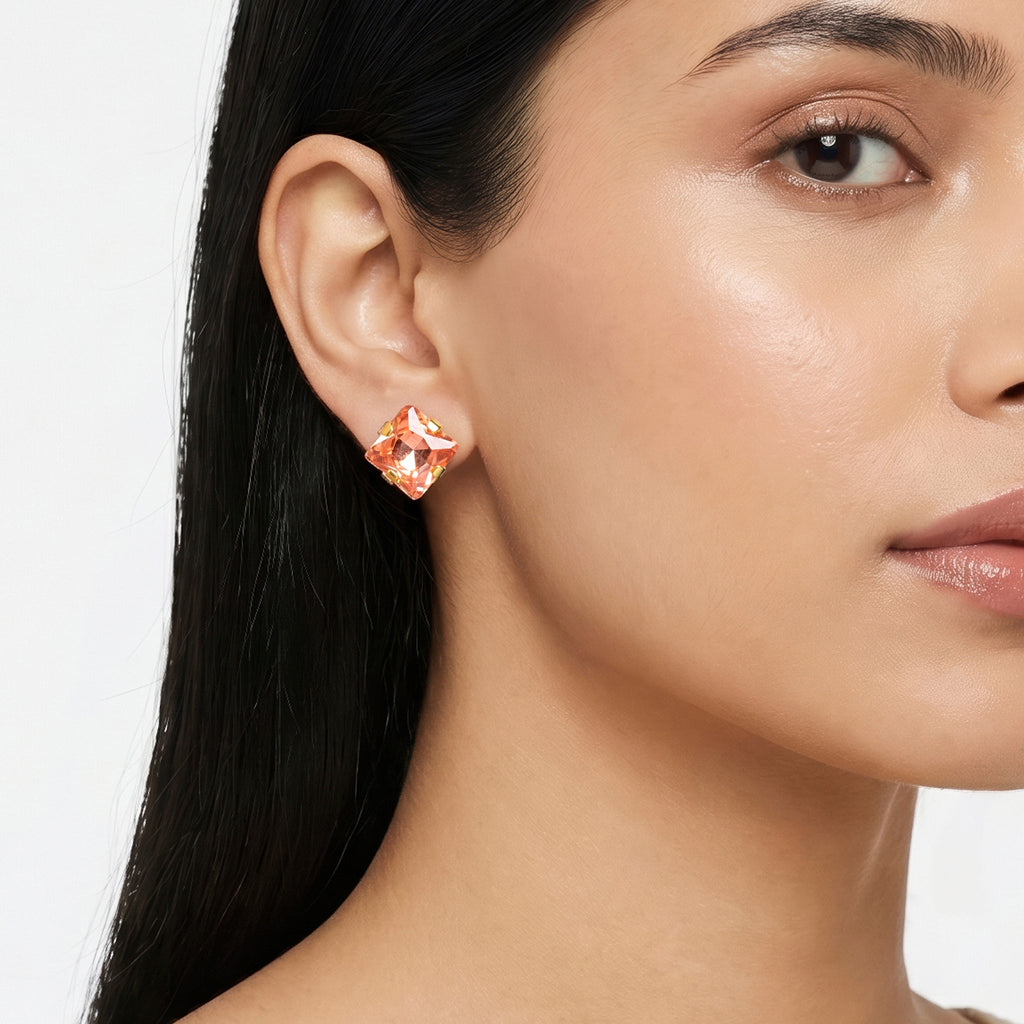 Desihi Earrings Anti-Tarnish Peach Crystal Square Studs