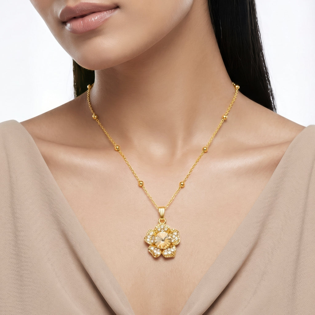Desihi Necklace Anti-Tarnish Champagne Crystal Flower Minimalist Pendant