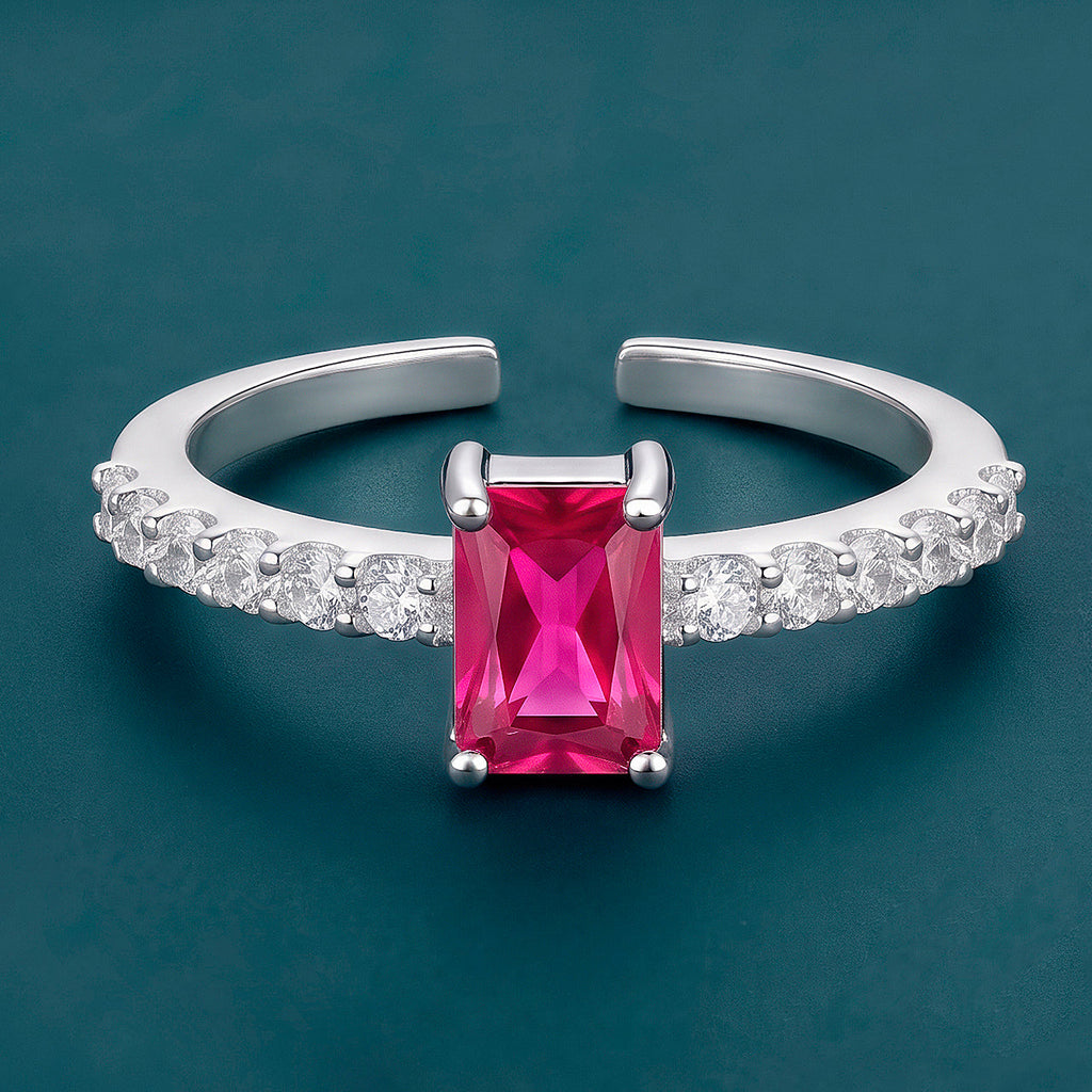 Desihi Ring Anti-Tarnish Emerald-Cut Ruby Pavé (Adjustable Size)