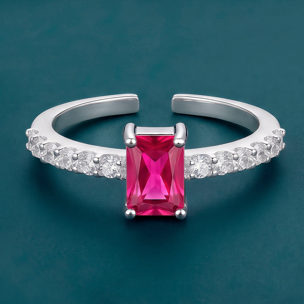 Desihi Ring Anti-Tarnish Emerald-Cut Ruby Pavé (Adjustable Size)