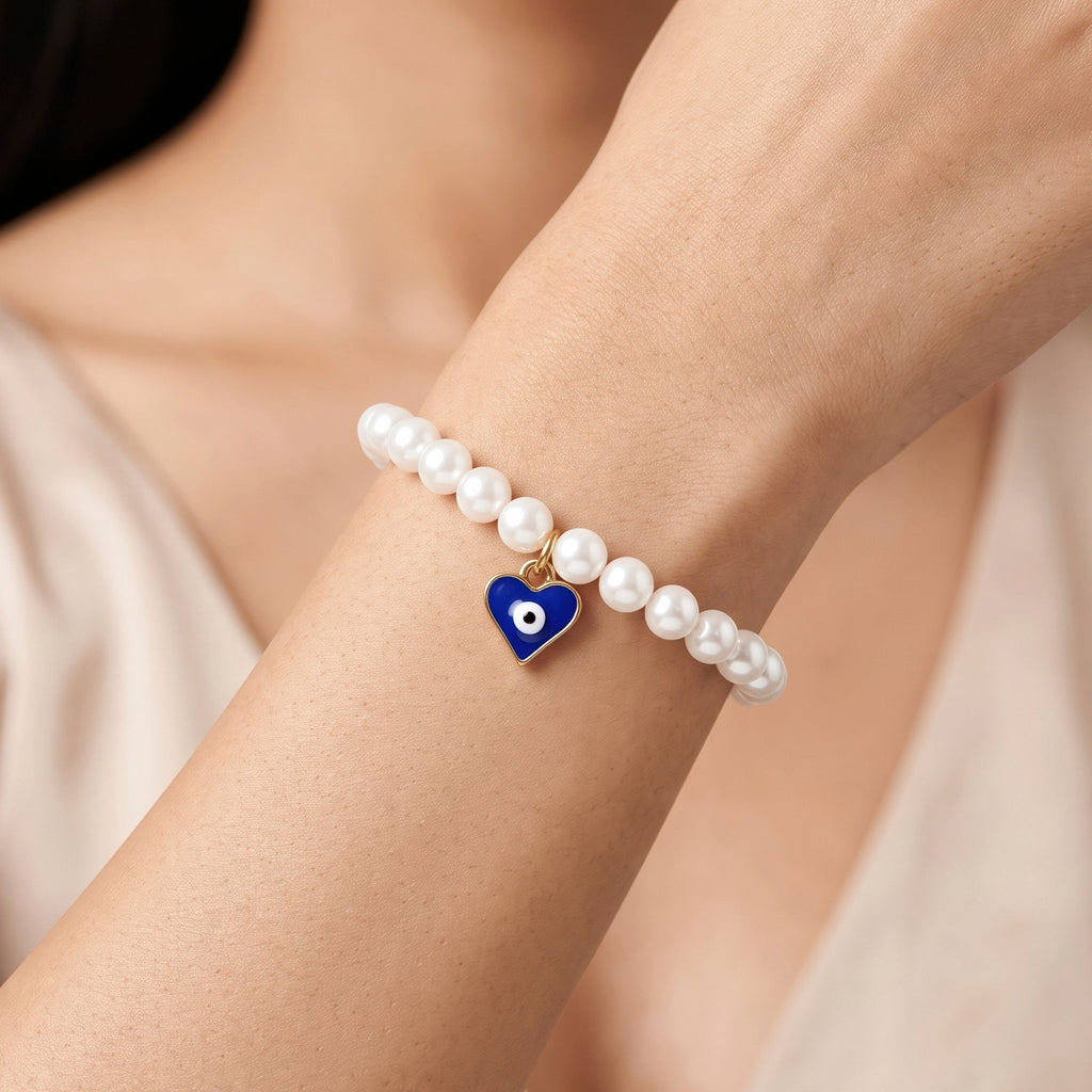 Desihi Bracelet Stretchable Pearls With Evil Eye Heart (Adjustable Size)