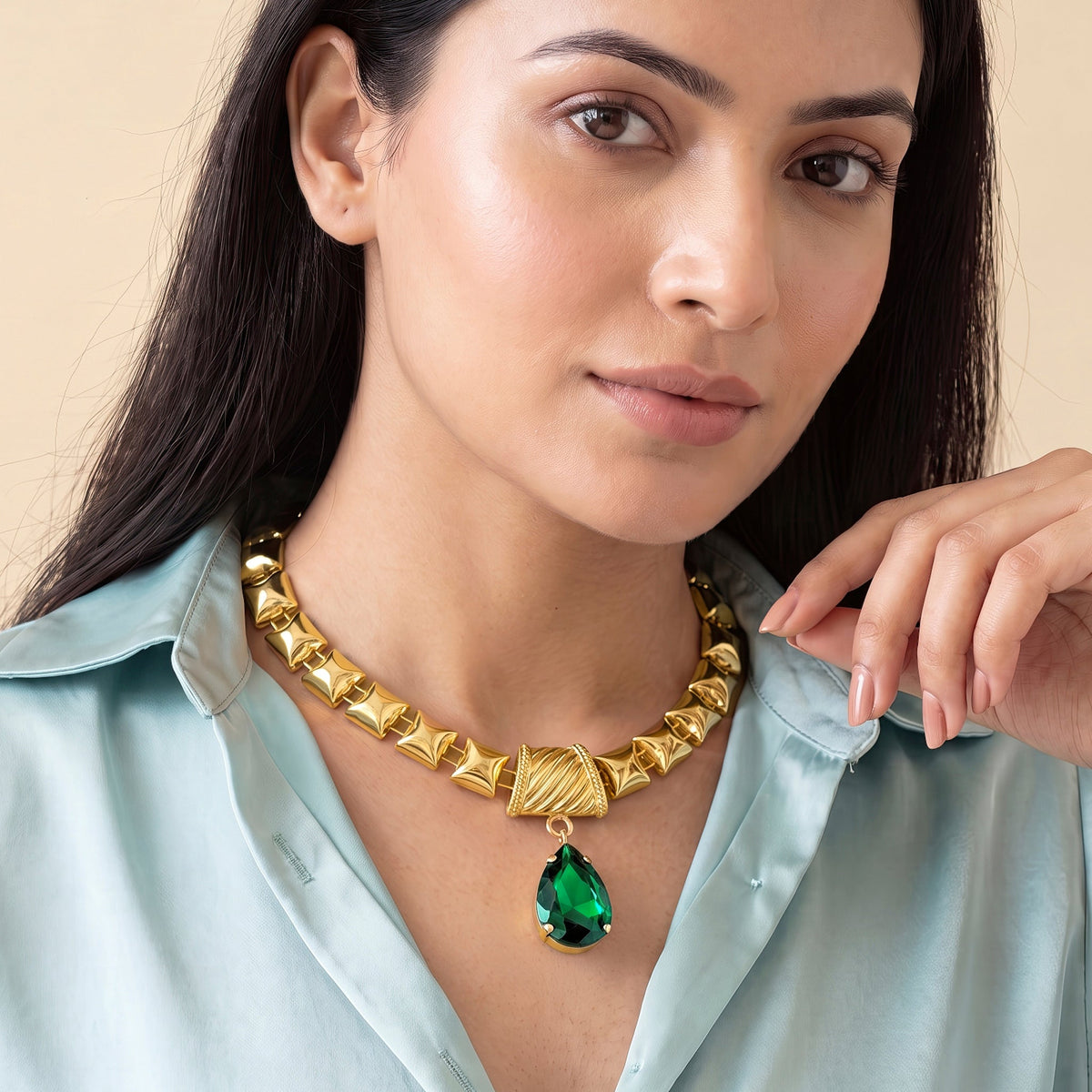 Desihi Necklace Anti-Tarnish Gold Plated Emerald Drop