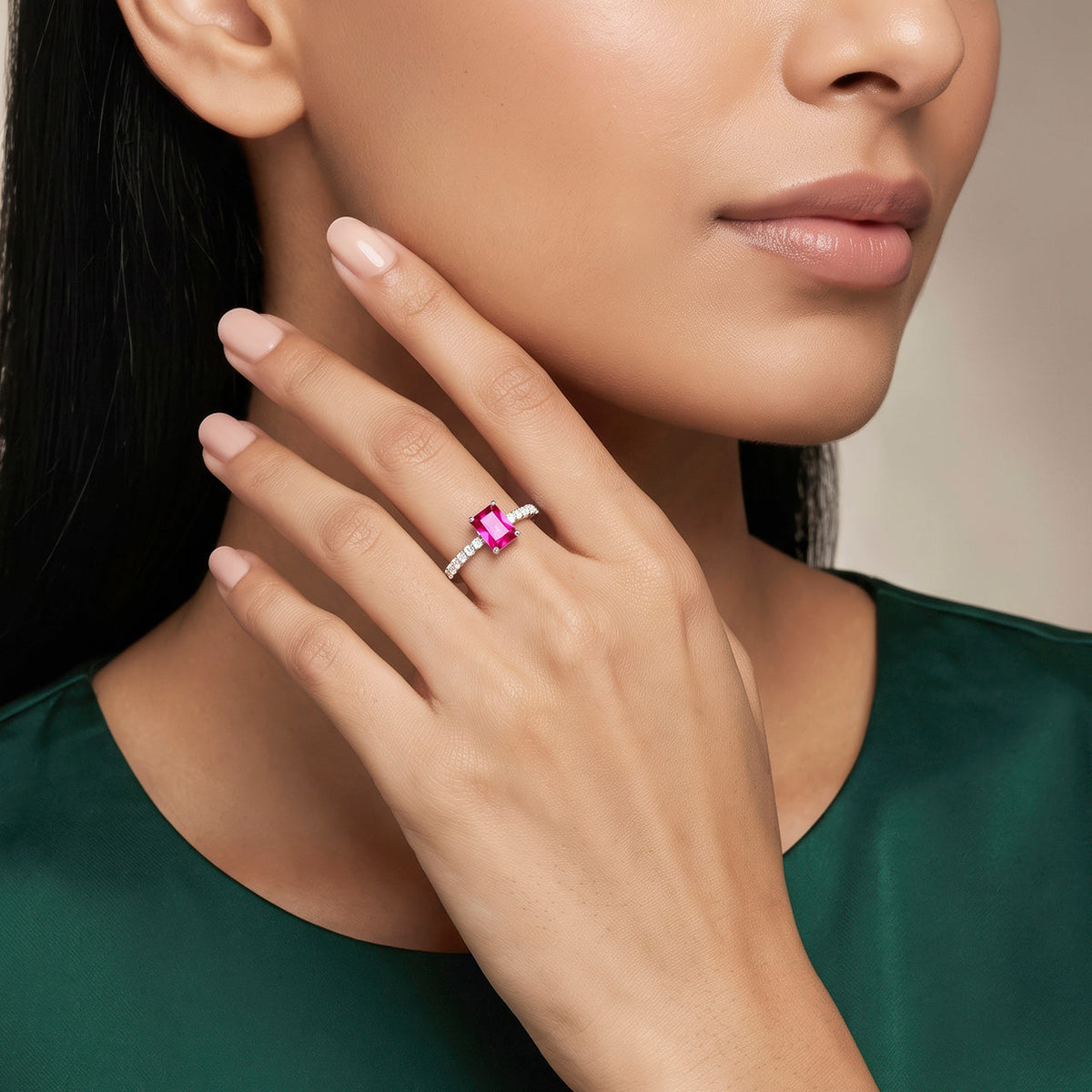 Desihi Ring Anti-Tarnish Emerald-Cut Ruby Pavé (Adjustable Size)