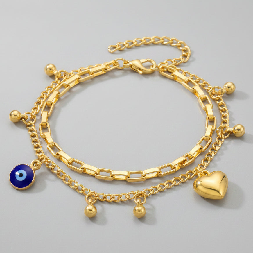 Desihi Bracelet Anti-Tarnish Layered Golden Heart Charms (Adjustable Size)